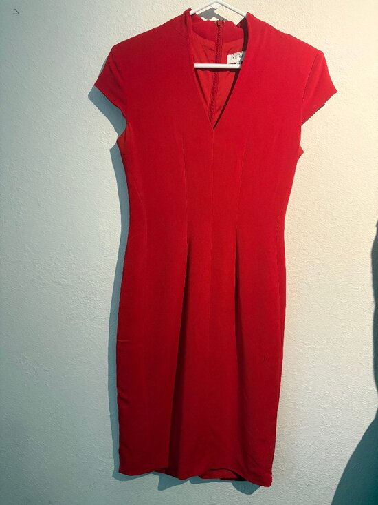 Reiss Dresses & Skirts - Reiss Red V-Neck Short Sleeve Tailored Midi Dress Size US 6